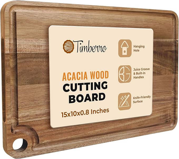 Acacia Wood Cutting Board (15x10x0.8 In.) - Solid Organic Wooden Meat Boards for Kitchen, Real Hardwood Chopping Butcher Block with Deep Juice Groove Well for Counter