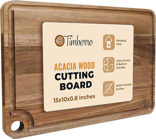 Acacia Wood Cutting Board (15x10x0.8 In.) - Solid Organic Wooden Meat Boards for Kitchen, Real Hardwood Chopping Butcher Block with Deep Juice Groove Well for Counter