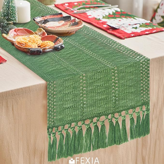 FEXIA Green Table Runner with Tassels for Summer Decor 72 Inches Long Macrame Table Runner for Home Decor Farmhouse Rustic Table Runner for Dining Bedroom Decorations (12x72 Inches)