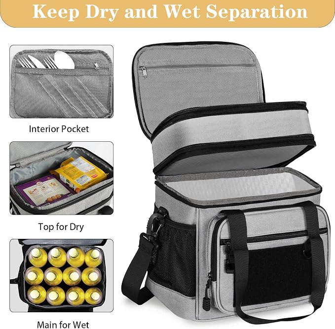 GLENKEY Tactical Lunch Box Cooler Bag - Expandable Insulated Lunch Bag for Men Daily - Large Lunchbox for Adults Work Shifts Outdoor Trips Grey 16L