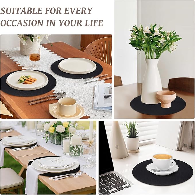 13" Round Placemats Set of 8, Reversible Faux Leather Heat Resistant Table Mats, 100% Waterproof Oilproof Wipeable Table Protective Placemats for Vinyl, Washable for Indoor (8, Black)