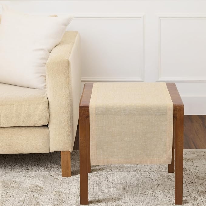 Solino Home Linen Short Table Runner 36 Inches - Athena, 100% Pure Linen Champagne Beige Table Runner 14 x 36 Inch Ideal for Dresser and Coffee Tables - Spring, Summer