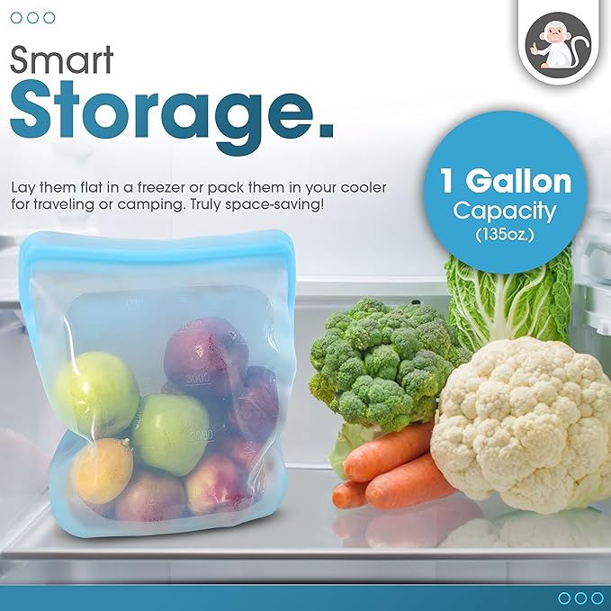 Albino Monkey Reusable Silicone Food Storage Bag, Extra Large XXL 1 Gallon 135 oz - Airtight Leakproof Stand-Up Freezer Bag for Meal Prep, 100% Food-Grade Silicone, BPA-Free (Blue, 1-Pack)