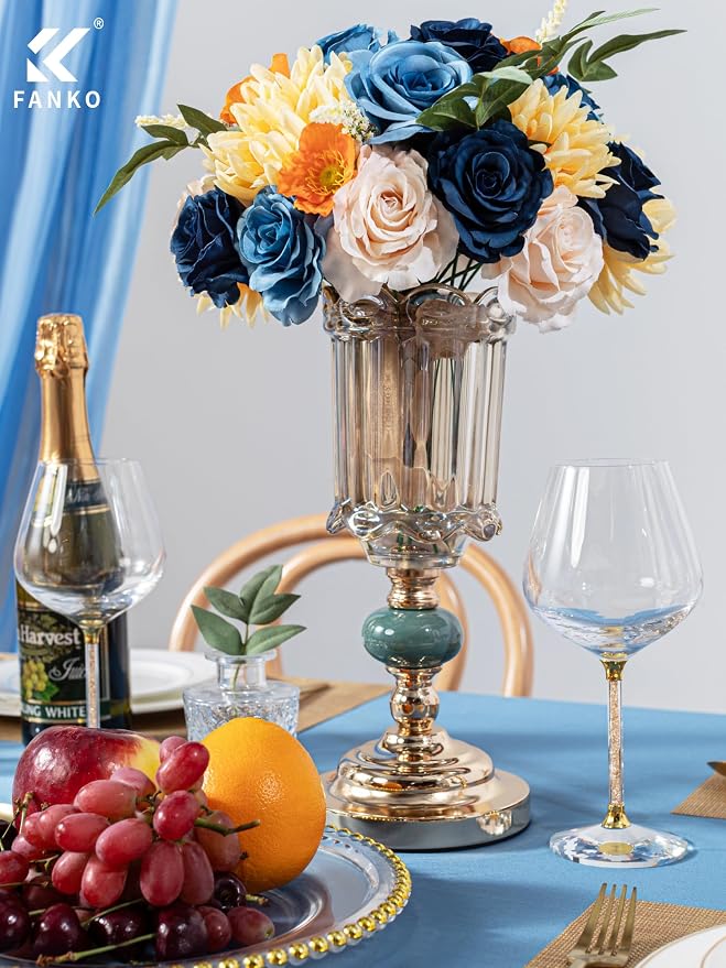 FANKO Artificial Flowers for DIY, Blue Peach Orange Yellow Faux Flowers Bouquet, Colorful Fake Rose Daisy Poppy Silk Flowers for Vase, Home Decor, Garland, Summer Wedding, Birthday, Party