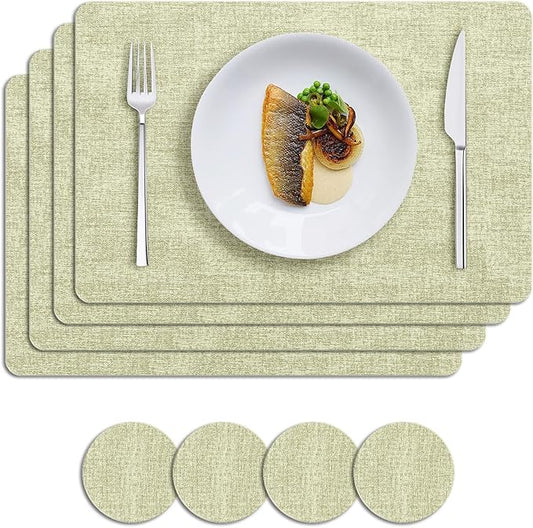 MOSAYT Faux Leather Placemats Set of 8, Heat Resistant Vinyl Place Mats with Coasters, Wipeable Washable Waterproof Oil Proof Table Mats for Kitchen Dining Indoor Outdoor, 12" x 17", Sage Green