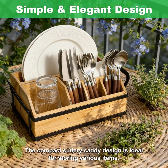 Large Kitchen Utensil Holder Caddy, 6 Compartments Wooden Utensils Organizer for Cooking Utensils, Silverware, Paper Plate, Spoon, Fork, Cutlery Storage on Kitchen Countertop for Party Hosting