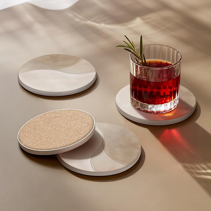 VEYRO Ceramic Coasters Set of 6 – Absorbent Stone Drink Coasters with Holder, Non-Slip Cork Backing, Modern Marble Look Coasters for Coffee Table, Desk & Home Decor
