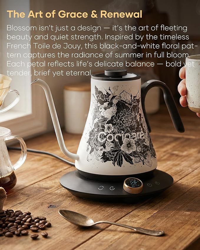 Cocinare Artisan Blossom Gooseneck Electric Kettle, ±1℉ Precise Temperature Control for Pour-Over Coffee & Tea, Quick Heating 1500W, Stainless Steel Interior, 0.9L