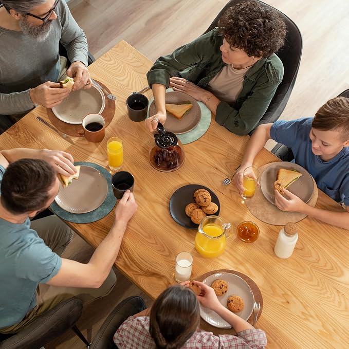 ADRIMER Placemats, Heat Resistant Round Placemats Set of 4 Washable, Waterproof Table Mats, Wipeable Faux Leather Place Mats for Kitchen, Dining Room, Turmeric Brown+Light Brown+Green+Blue