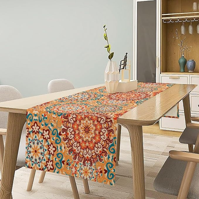 Boho Floral Table Runner, Vintage Rustic Orange Abstract Hippy Geometric Mandala Flower Table Decor Table Top Dining Kitchen Wedding Party 13x90 Inch