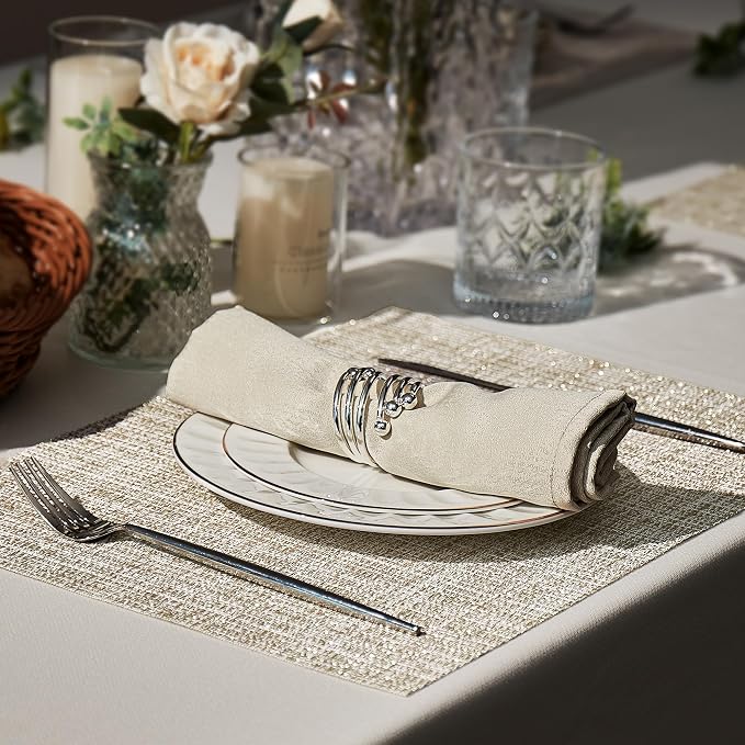 Leetaltree Sparkling Beige and Gold Vinyl Woven Placemats Set of 8 - Durable - Washable - Wipeable Dining Table Place Mats, Suitable for Indoor & Outdoor Use - Hand-Cut