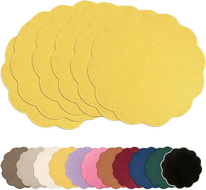 AHHFSMEI Round Faux Linen Placemats Set of 6 Heat Resistant Non-Slip Stain Proof Table Mats for Kitchen Dining Elegant Decor Place Mats (Yellow,6)