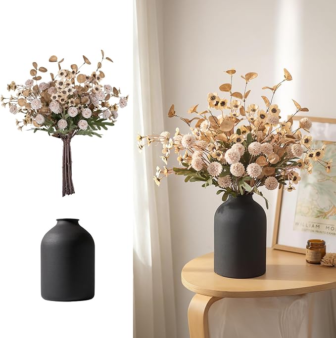 BLOSMON Beige Faux Flowers in Vase: Metal Vase with 12 Stems of Fake Mums Wax Eucalyptuses for Dining Table Centerpiece Decor - Artificial Silk Kiku Pom Poms Wild Farmhouse Floral Arrangements
