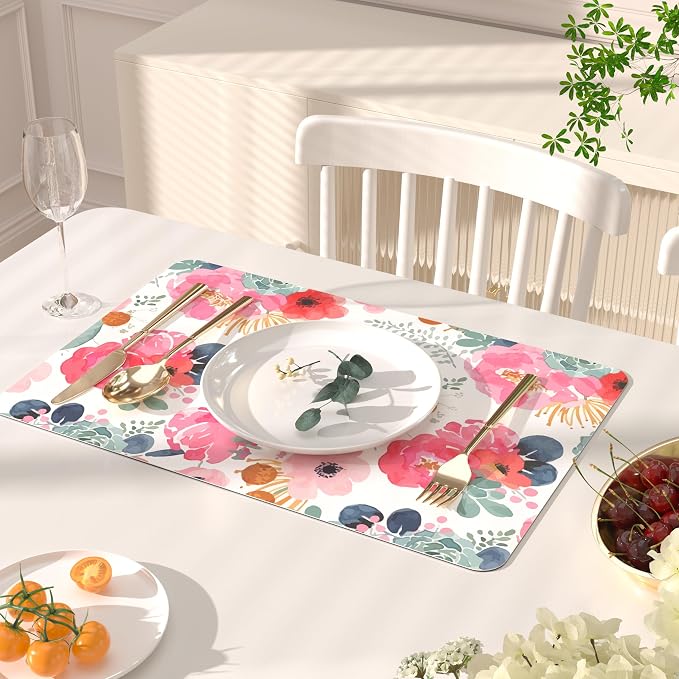 QIYI Placemats Set of 6, 12x18 Inch Faux Leather Place Mats for Kitchen Dinning, Heat Resistant Anti Slip Floral Table Mats, Waterproof Washable Placemat Party Table Décor, Watercolor Pink Flowers