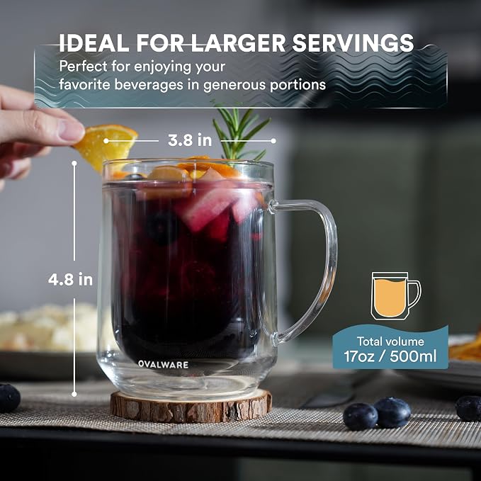 ovalware 500ml Double Wall Glass Coffee Mugs, Single Lip Mugs Made of Durable Borosilicate Glass, Insulated Coffee Mug with Handle for Hot and Cold Drinks - Clear