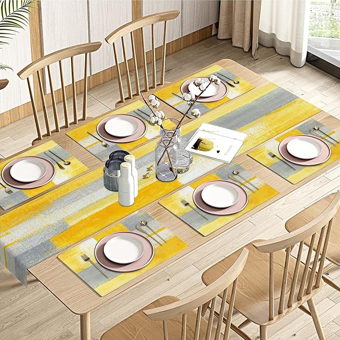 Emvency Yellow Abstract Table Runner and Placemats Set of 6, Modern Grey White Painting Art Dining Decor for Daily Use(1 Table Runner 72 inches Long and 6 Placemats)