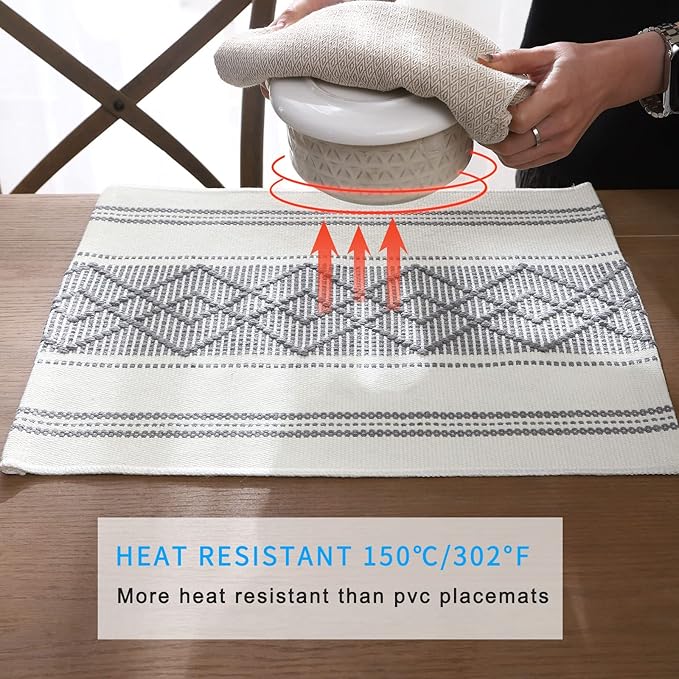 Elegant Thick placemats for Dining Table Decor Farmhouse Heat Resistant Table Place mats Set of 6 Quality Woven Cloth Placemats Washable Dinner mats (Grey, 6)