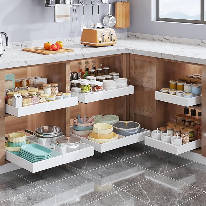 Expandable Pull Out Drawer for Cabinets, 21" Deep, Adjustable 12–20" Width – Magnetic Dividers, Optional Riser, Heavy-Duty 3-Rail Glide, No-Drill Roll-Out Shelf Organizer for Kitchen, White
