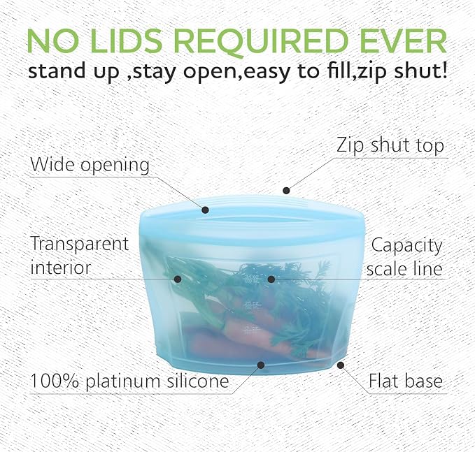 Zip Standing Reusable Silicone Food Storage Bag, Stand Up Food Storage Container, Reusable Zipper seal bag, no lid required, for Food Storage& Meal Prep, Freezer Oven Dishwasher - Safe, Set of 6 Bowls