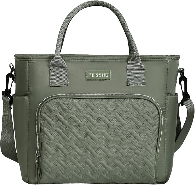 Insulated Lunch Bag for Men Women, Large Leakproof Cooler Bag with Removable Strap, Lunch Box, Reusable Adult Lunch Tote for Work, Picnic and Travel - Army Green