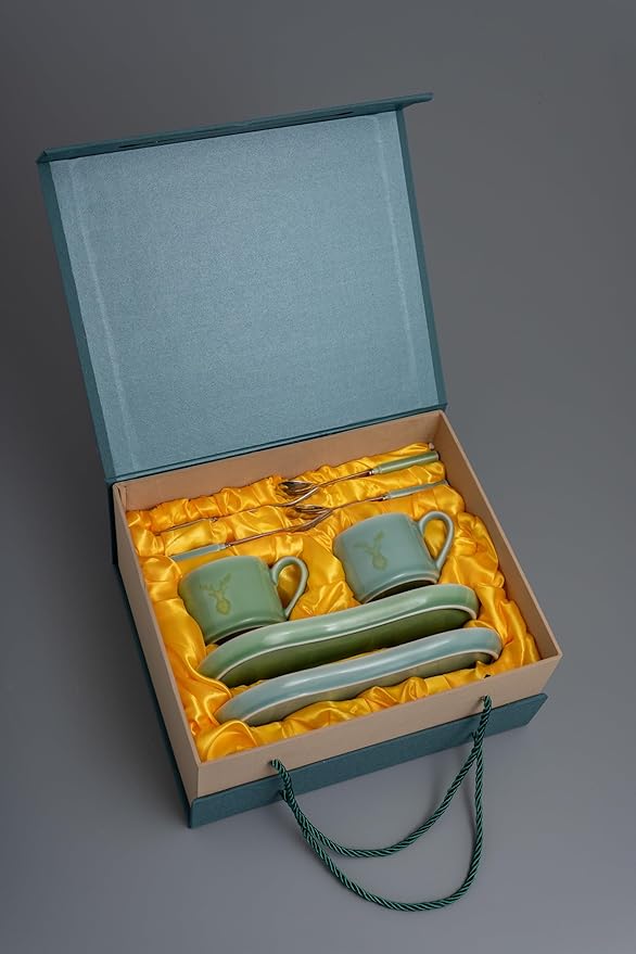 Longquan UNESCO Heritage Celadon Coffee Set Double-Glazed – Handcrafted Song Dynasty, Sky Blue & Plum Green Glaze, 310ml 4-Piece Set with Spoon & Fork, Gift Box (1, BLUE)
