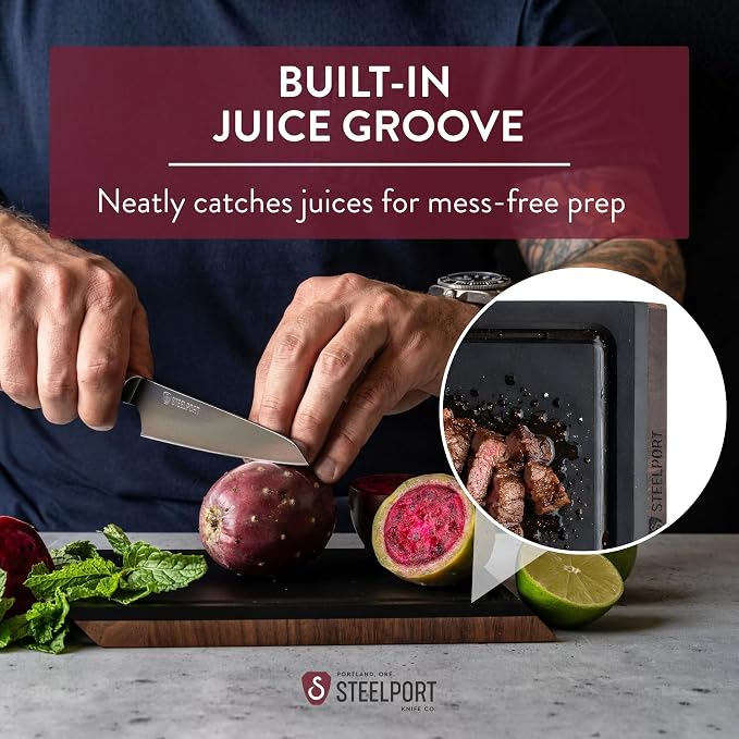 STEELPORT Small Cutting Board 9"x6" - Steel Reinforced, Utlra-thin Butcher Block | Dual Sided - End-grain Walnut Wood, Composite Side | Chopping Board with Juice Groove | USA Made for Home, Chefs