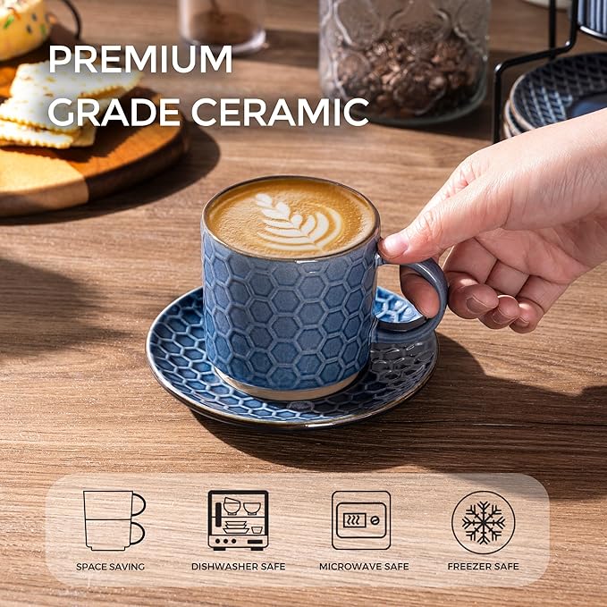 GBhome 6OZ Stackable Coffee Mugs with Stand and Saucer, Ceramic Coffee Mugs Set of 4 with Texture Patterns for Man,Woman,Dad,Mom, Modern Coffee Cups for Latte/Espresso. Dishwasher&Microwave Safe, Blue