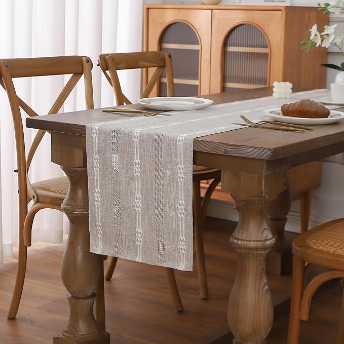 Gernaice Boho Table Runner, Embroidered Cotton Linen Farmhouse Table Runners for Holiday Wedding Dining Living Room Bedroom Home Decor, 72" L X 13" W Brown