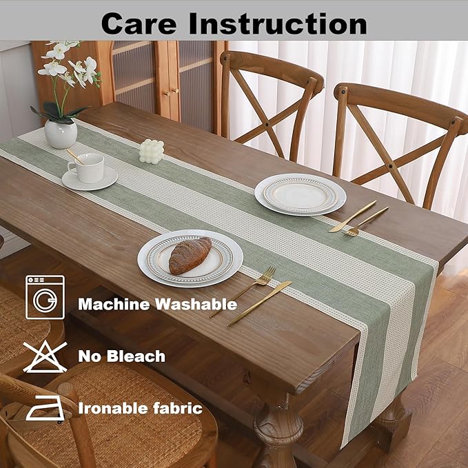 Gernaice Boho Table Runner, Rustic Striped Cotton Linen Farmhouse Table Runners for Dresser End Coffee Table Home Decor, 24" L X 13" W Sage Green