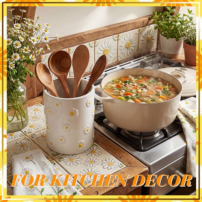 LemonRoad Daisy Utensil Holder for Kitchen Counter,Ceramic Cooking Utensil Crock Modern Farmhouse Countertop Organizer for Spatula Ladle Kitchen Counter Decor