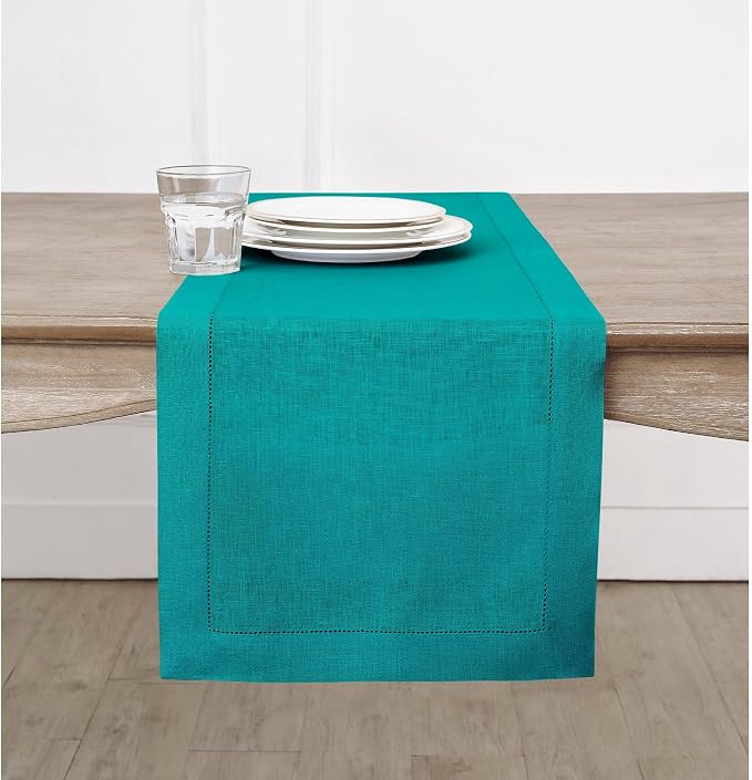 Solino Home Linen Hemstitch Table Runner 90 Inches Long - 100% Pure Linen Teal Table Runner 14 x 90 Inch - Classic Hemstitch