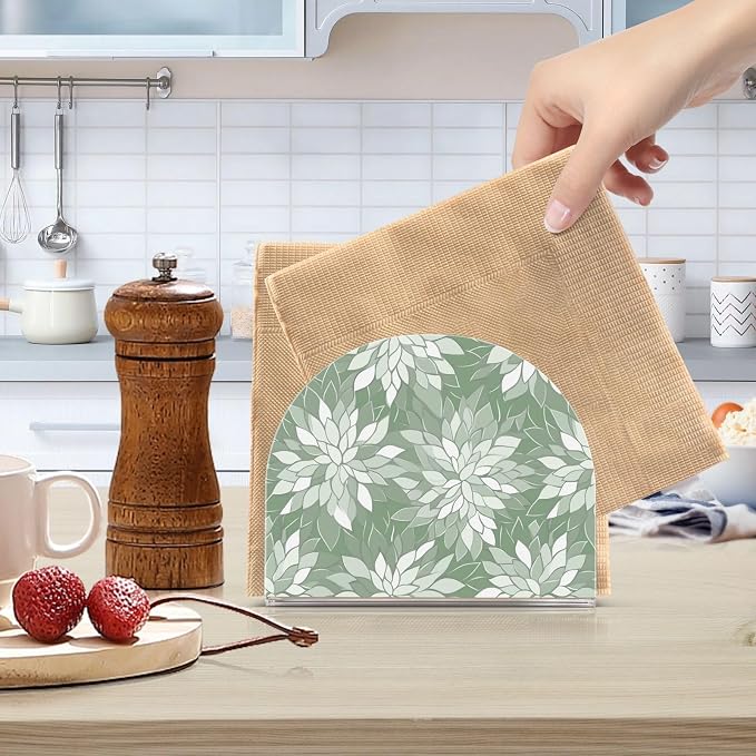 Sage Green and White Geometric Dahlia Flowers Napkin Holder for Table Acrylic Vertical Napkin Holders for Paper Napkins Decor Napkin Dispenser for Home Party Dining Cocktail Kitchen Accessories, 2 PC