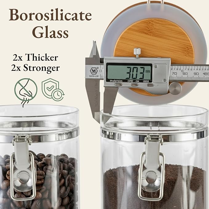 Airtight Coffee Canister with Scoop | Curated Glass Storage Set for Beans, Grounds & Sugar | 9-Piece Ritual Organizer with Bamboo Base, Versatile Artisan Spoon, Labels & Cleaning Brush