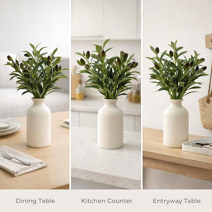 Artificial Olive Branches in Vase, 4 Pcs Faux Olive Stems with Olives 16", Matte White Ceramic Vase 5.7", Farmhouse Dining Table Centerpiece, Kitchen Table Decor