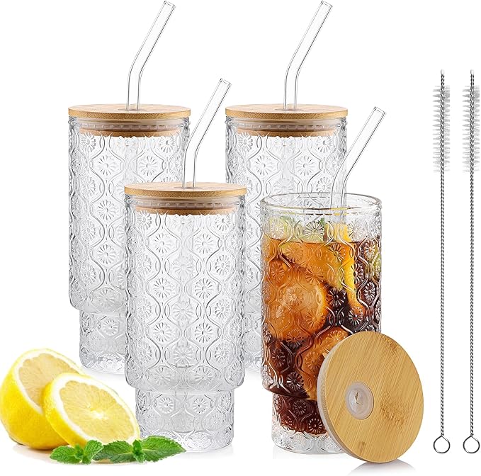 16oz Glass Cups with Lids and Straws, 4 Pack Vintage Drinking Glasses Tumblers Begonia Flower Iced Coffee Cups for Kitchen, Home, Office, Gifts