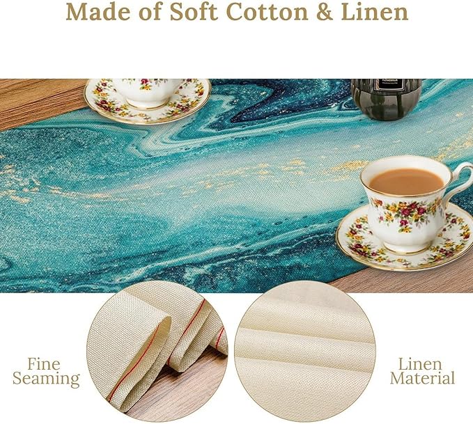 Marble Table Runner, Abstract Teal Modern Luxury Texture Printed Linen Table Runners for Living Room Farm Kitchen Dining Room Party Holiday Home Decor 13" W x 48" L