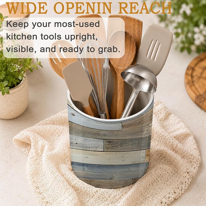 Rustic Wood Grain Kitchen Utensil Holder,Vintage Barn Wooden Ceramic Utensil Crock for Countertop,Cooking Tools Storage jar for Spatulas and Spoons,Housewarming Gifts 6.3"