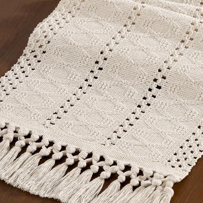 Boho Woven Cotton Linen Table Runner Beige 11"x70" with Tassels Rustic Macrame Farmhouse Table Runner Summer Decor for Dining Room Wedding Kitchen Party