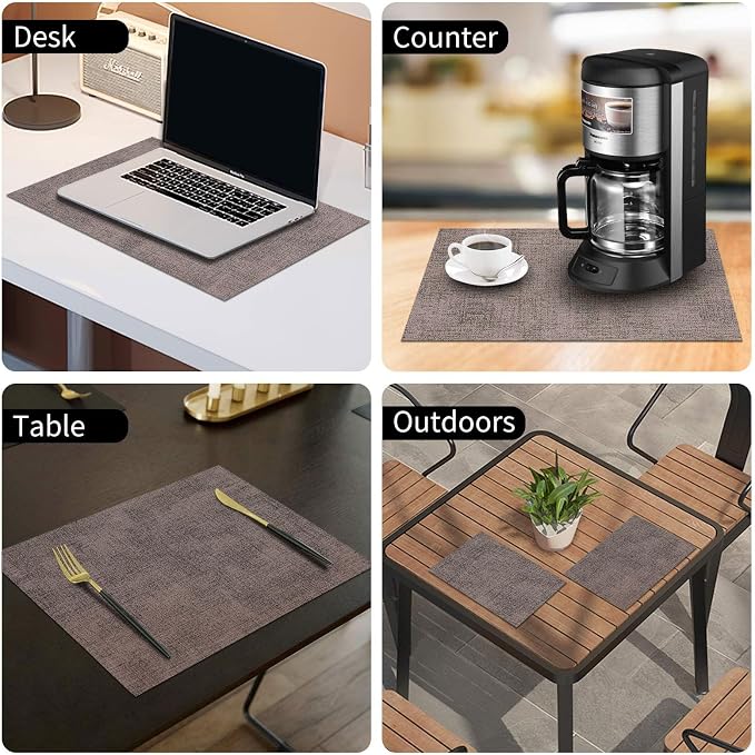homing Faux Leather Heat Resistant Placemats 6 Packs, Waterproof Wipeable Dining PU Place Mats for Indoor & Outdoor, Easy to Clean, Brown