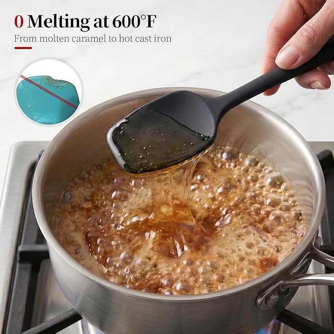 600ºF Heat Resistant Spatula, 11.34 inch High Heat Food Safe Semless Kitchen Silicone Spoon Spoonula Scraper for Cooking Baking Mixing Scraping Stirring Nonstick Cookware Pan Bowl (Black)