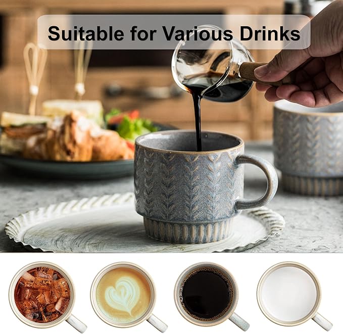 Miamolo Coffee Mugs Set of 4 with Spoons & Stand, Stackable Espresso Cups 13oz Coffee Mug for Drinks Latte Cappuccino Tea, Coffee Cup for Women Men Couples Housewarming Birthday Gift, Dishwasher Safe