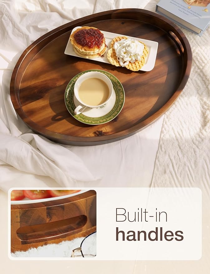 TIDITA Acacia Wood Ottoman Tray with Handles - 20" x 15" Round - Large Oval Serving Trays for Living Room -Wooden Trays Decorative for Kitchen Counter, Coffee Table, Breakfast in Bed (Walnut Color)