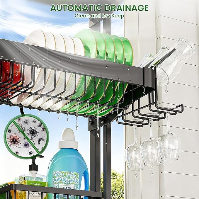 Over The Sink Dish Drying Rack, Adjustable 3 Tier Large Capacity Stainless Steel Drainer with Cutlery/Utensil/Cup Holder Hooks, Kitchen Storage & Organization, 25"-38" L x 11" W x 37.5" H, Black