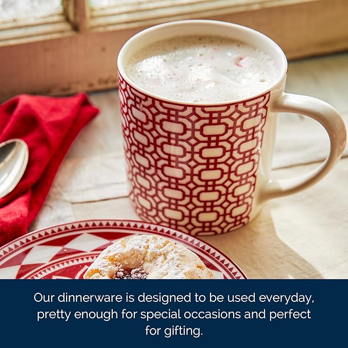 Caskata Newport Garden Gate Crimson Oversized Mugs Set of 4 | High-Design Lead-Free Porcelain Mug Set for Entertaining or Everyday | Unique Party Mugs for Wedding or Birthdays | 14 oz