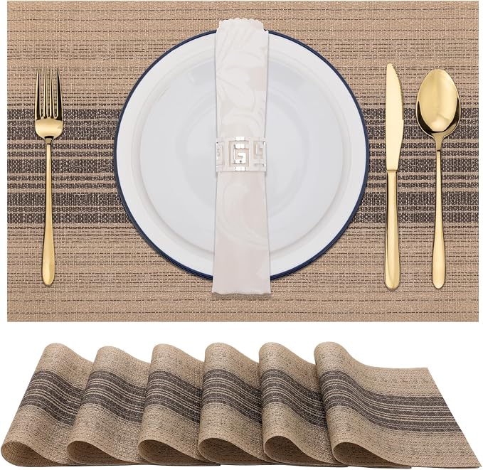 Winknowl Placemats, Set of 6 Heat Resistant Stain Resistant Woven Vinyl Insulation Place mats, Durable Washable Elegant Table Mats for Dining (Brown)