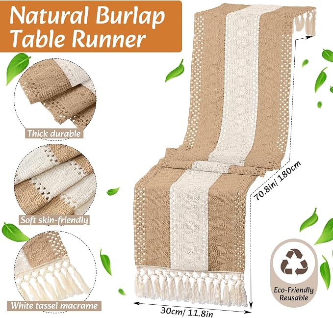 Boho Placemats 4/6/8 Set of Round Woven Placemat Macrame Style Bicolor Stitching Long Table Runner Farmhouse Rustic Natural Burlap Cotton for Kitchen Dining Table(6 Sets,Khaki B,12x72)