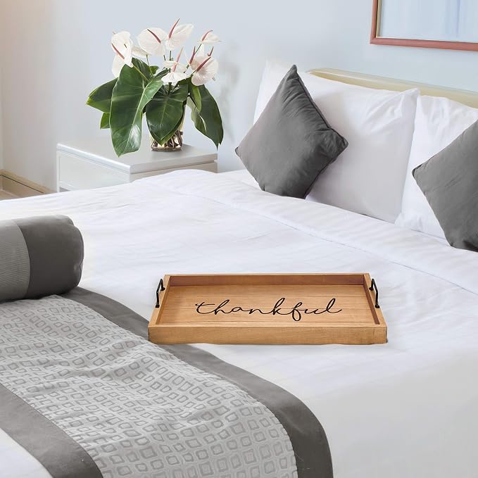 Elegant Designs HG2000-NTF Decorative Wood Serving Tray w/Handles, 15.50" x 12", Thankful