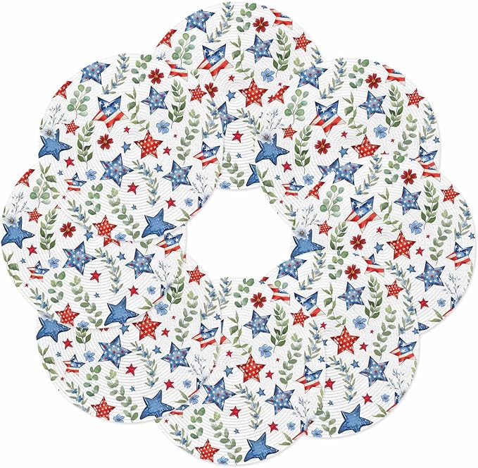 4th of July Round Placemats Set of 8 Patriotic Star Floral Place Mats Independence Day Woven Placemat Green Eucalyptus Leaves Circle Braided Table Mat for Kitchen Dining Table Party Decor 15 Inch