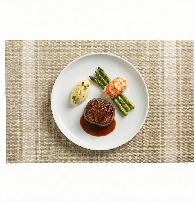 Restaurantware French Countryside 16 x 12 Inch Dining Table Placemats Set Of 6 Heat-Tolerant Kitchen Table Mats - Eggshell Stripe No Stain Khaki Vinyl Woven Rectangle Placemats Easy To Clean