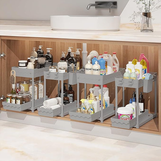 Sevenblue Under Sink Organizer, Bathroom Organizers and Storage, 2 Tier Multi-Use Pull Out Cabinet Organizer with Hang Hooks and Cups (Gray, 4 Pack)